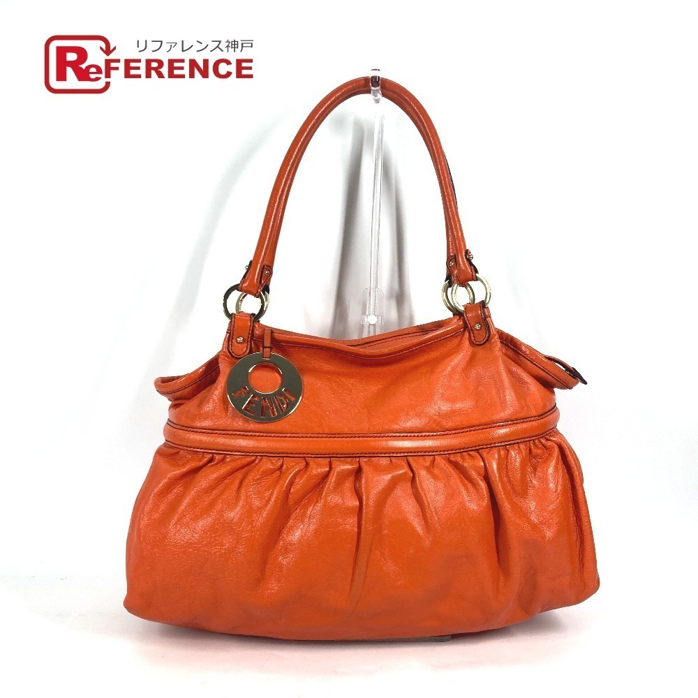 FENDI shoulder bag handbag logo charm tote leather orange